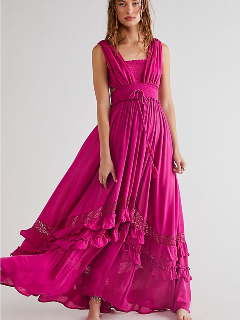 Free People Santa Maria Fuchsia Pink Maxi Dress with Ruffle & Lace Details
